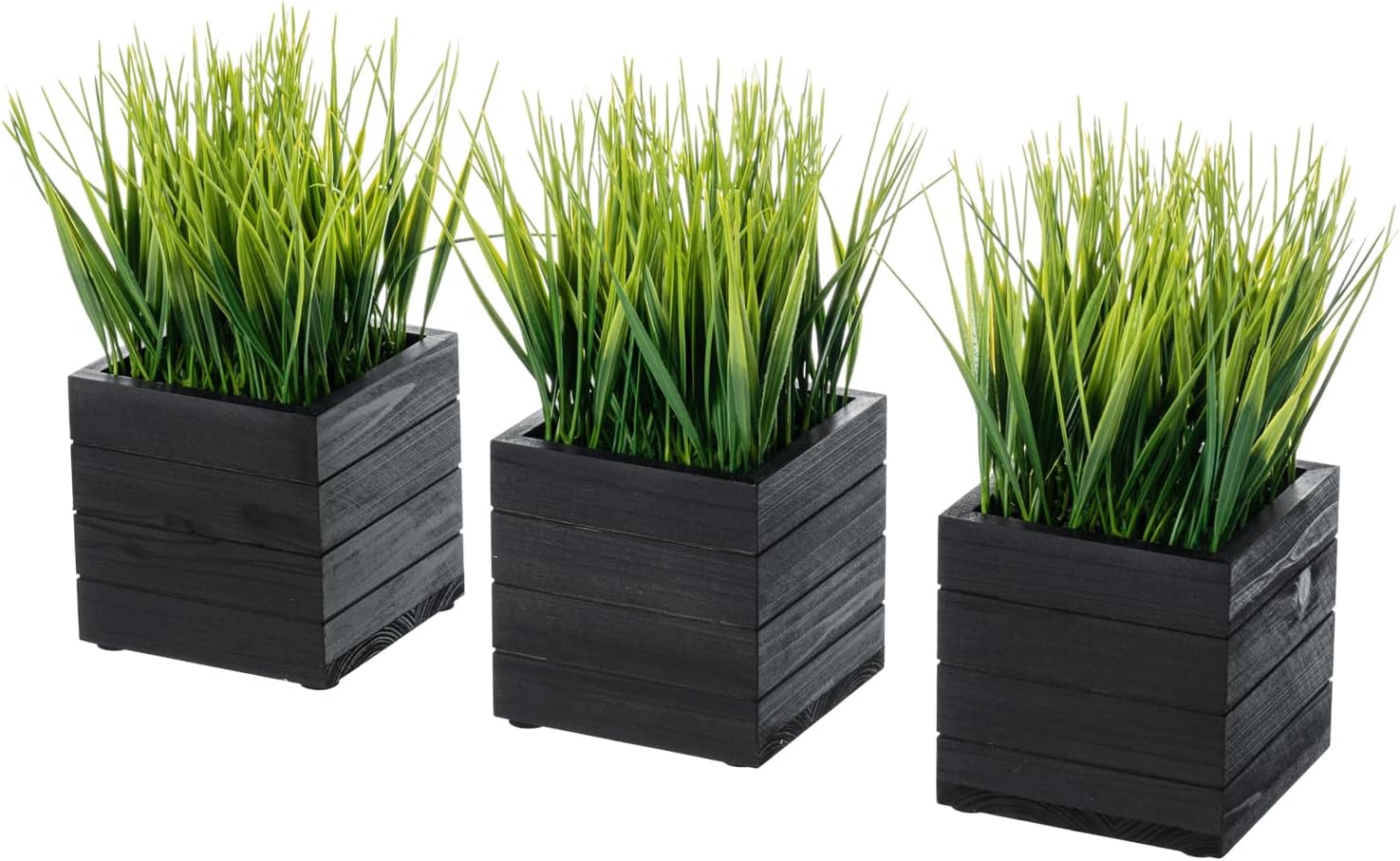 MyGift Artificial Grass Plants in Vintage Black Wood 4 Inch Planter Boxes Set of 3