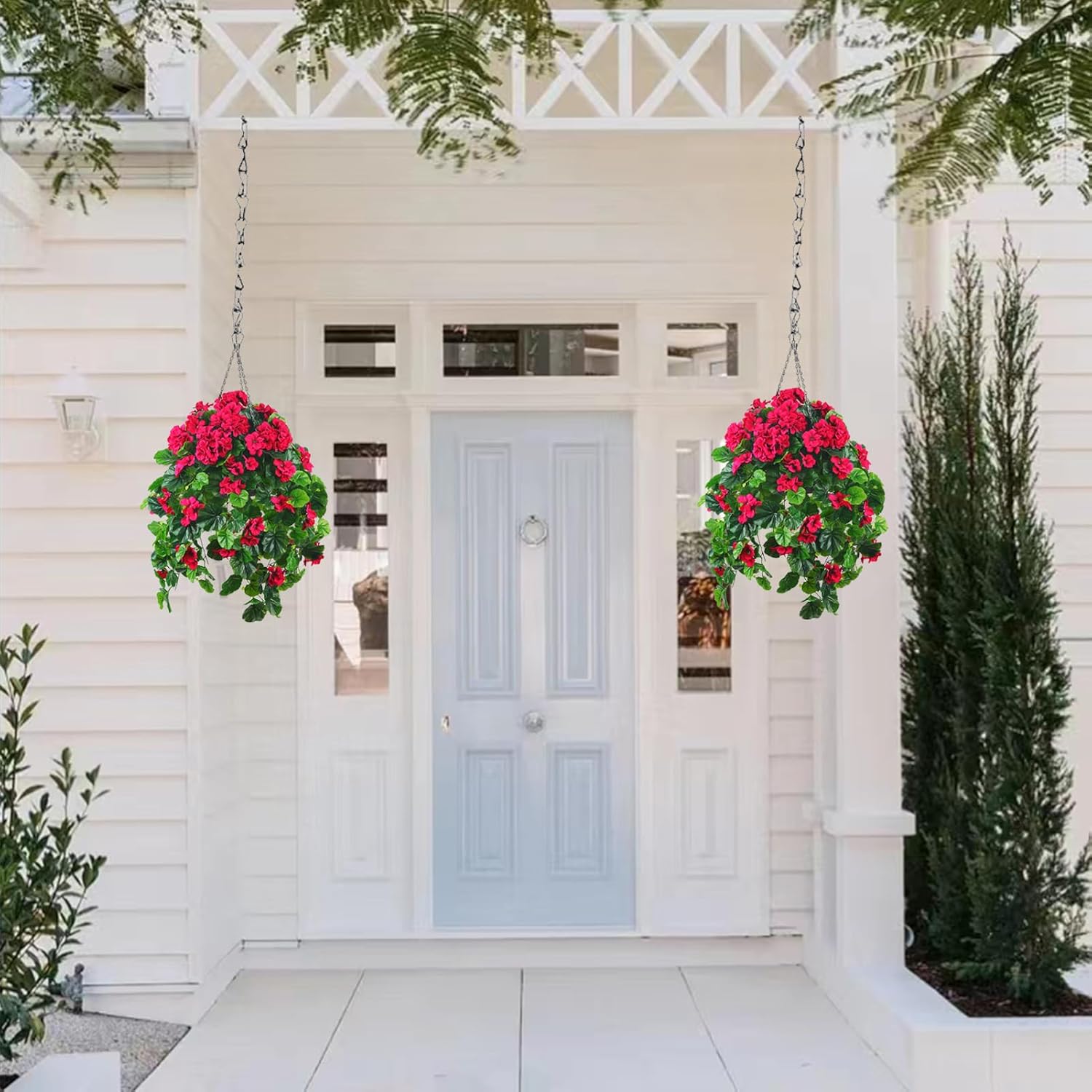 QIANYUN 2PCS Fake Hanging Plants with Red Geranium Flowers