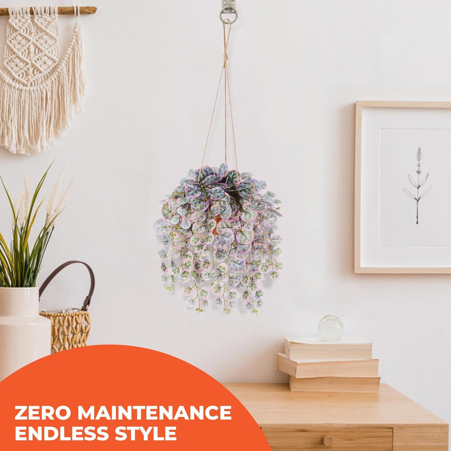 Faux Hanging Plant with Red Clay Pot 16 Inch Artificial Leaves for Indoor Decor