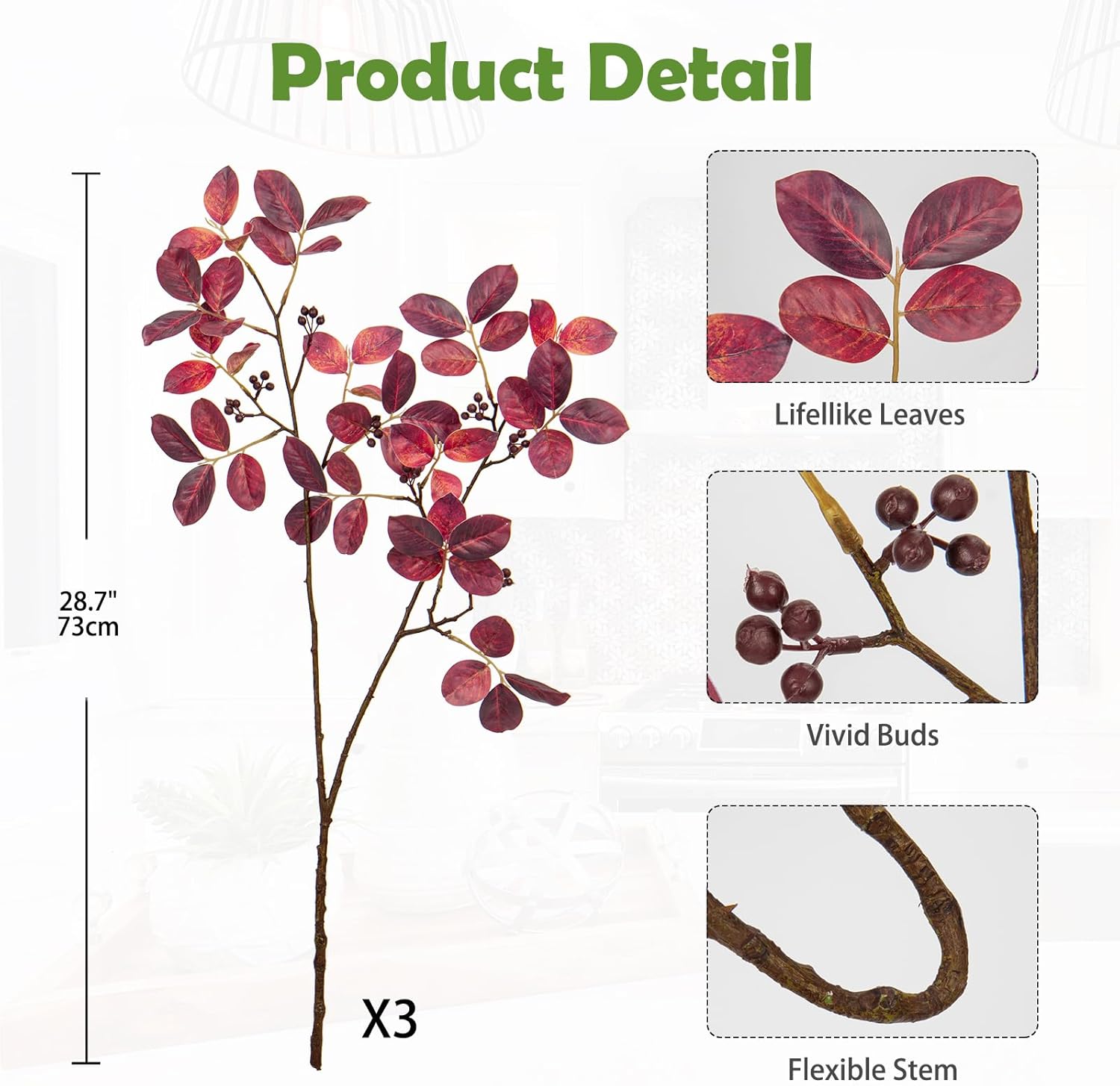 3PCS Artificial Greenery Stems Fall Faux Branches for Vase Wedding Decor