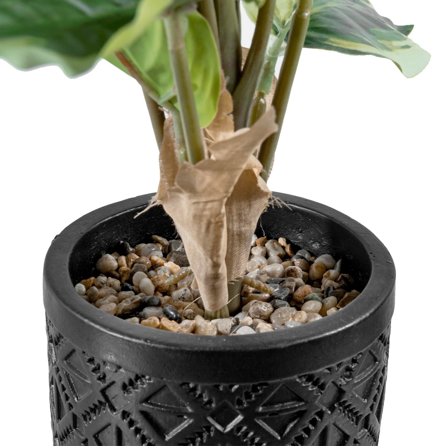 MyGift Artificial Dieffenbachia Plant in Black Concrete Pot with Geometric Design
