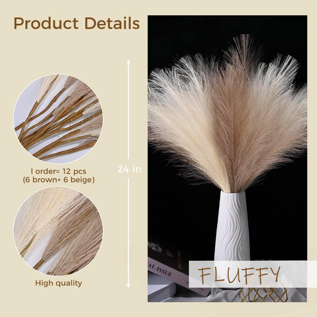 U-LIAN Faux Pampas Grass Beige 24 Inch 24PCS Decor