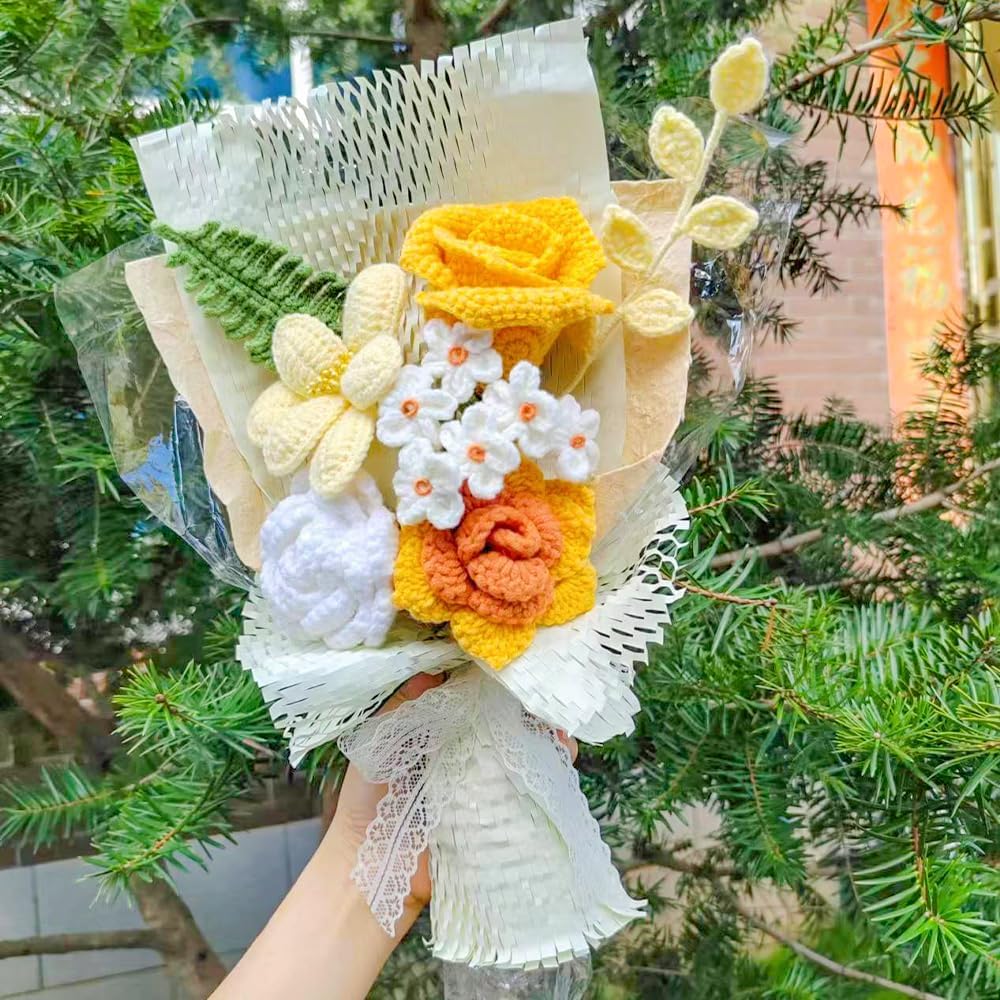 Handmade Crochet Yellow Bouquet with Roses and Orchids