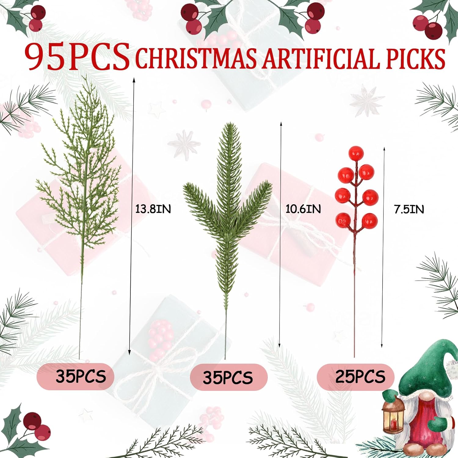 95PCS Christmas Wrapping Decor Set with Artificial Pine Faux Greenery and Red Berries