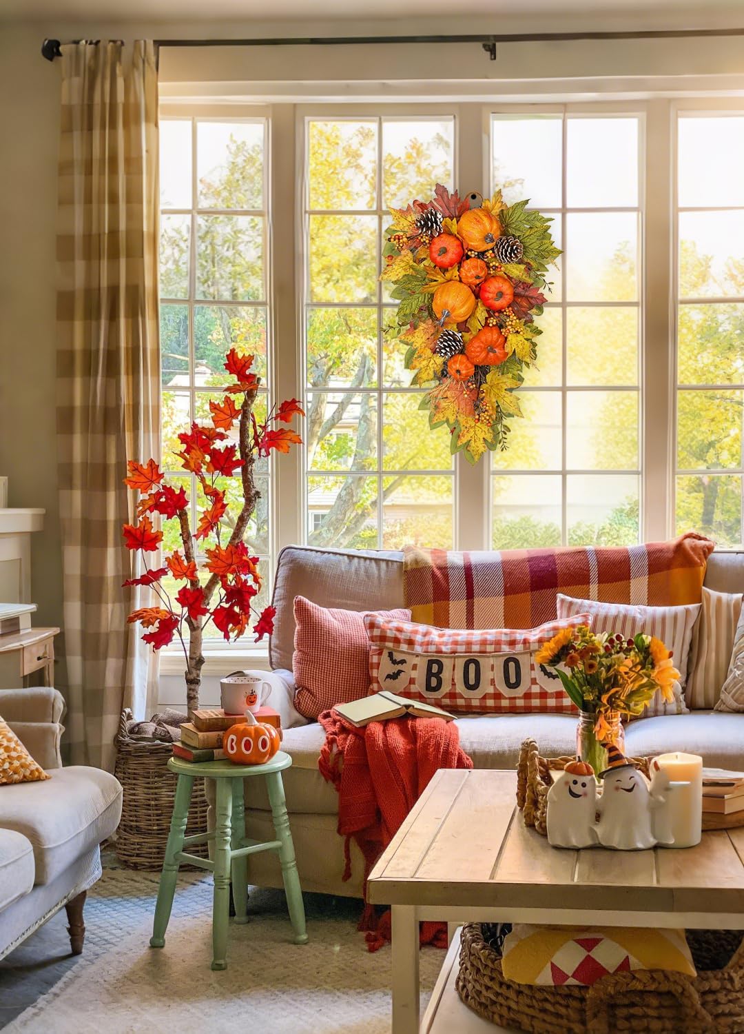 Elegant Fall Wreath and Swag with Fake Pumpkins for Farmhouse Dcor