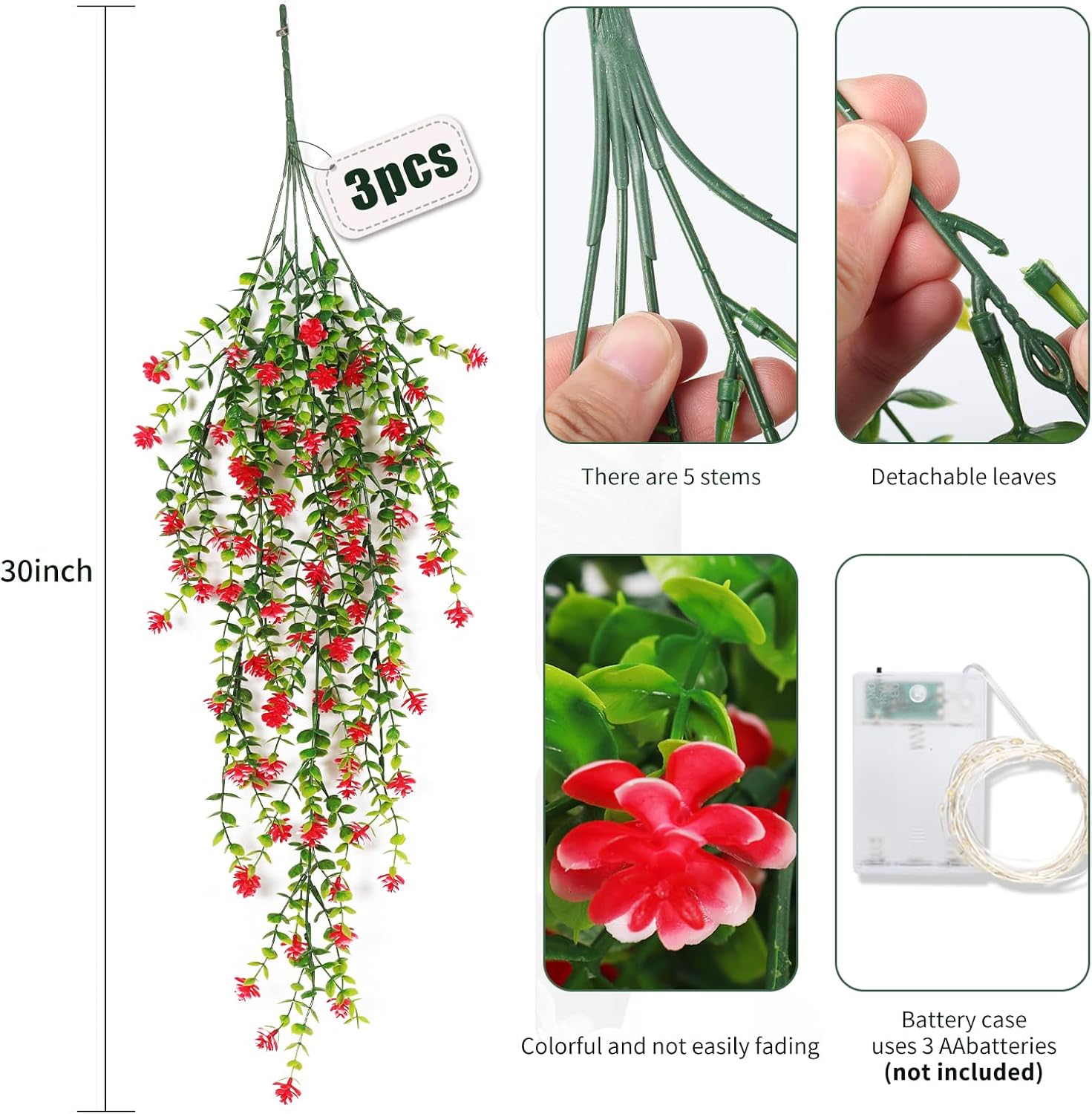 3 Pack Fake Hanging Plants with LED Lights for Outdoor Decor Red