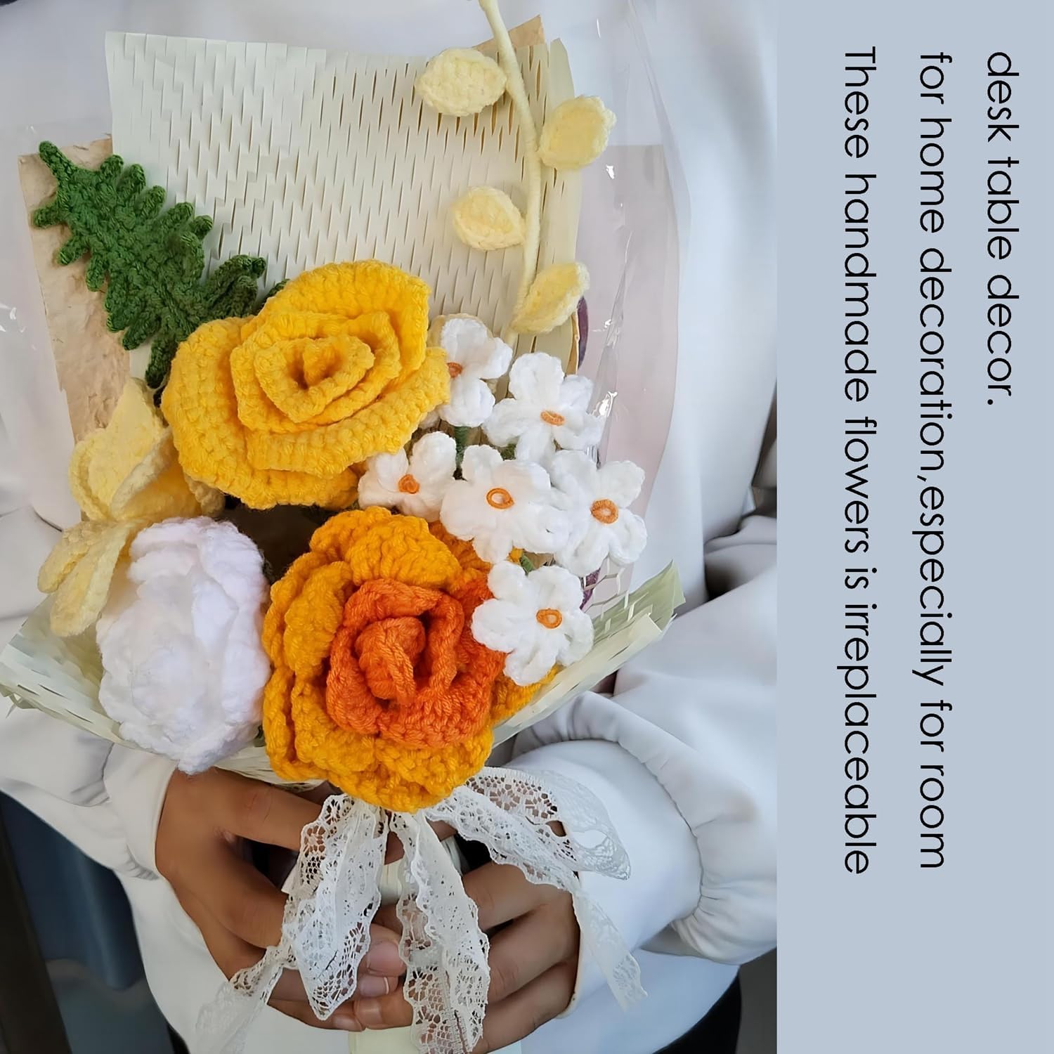Handmade Crochet Yellow Bouquet with Roses and Orchids