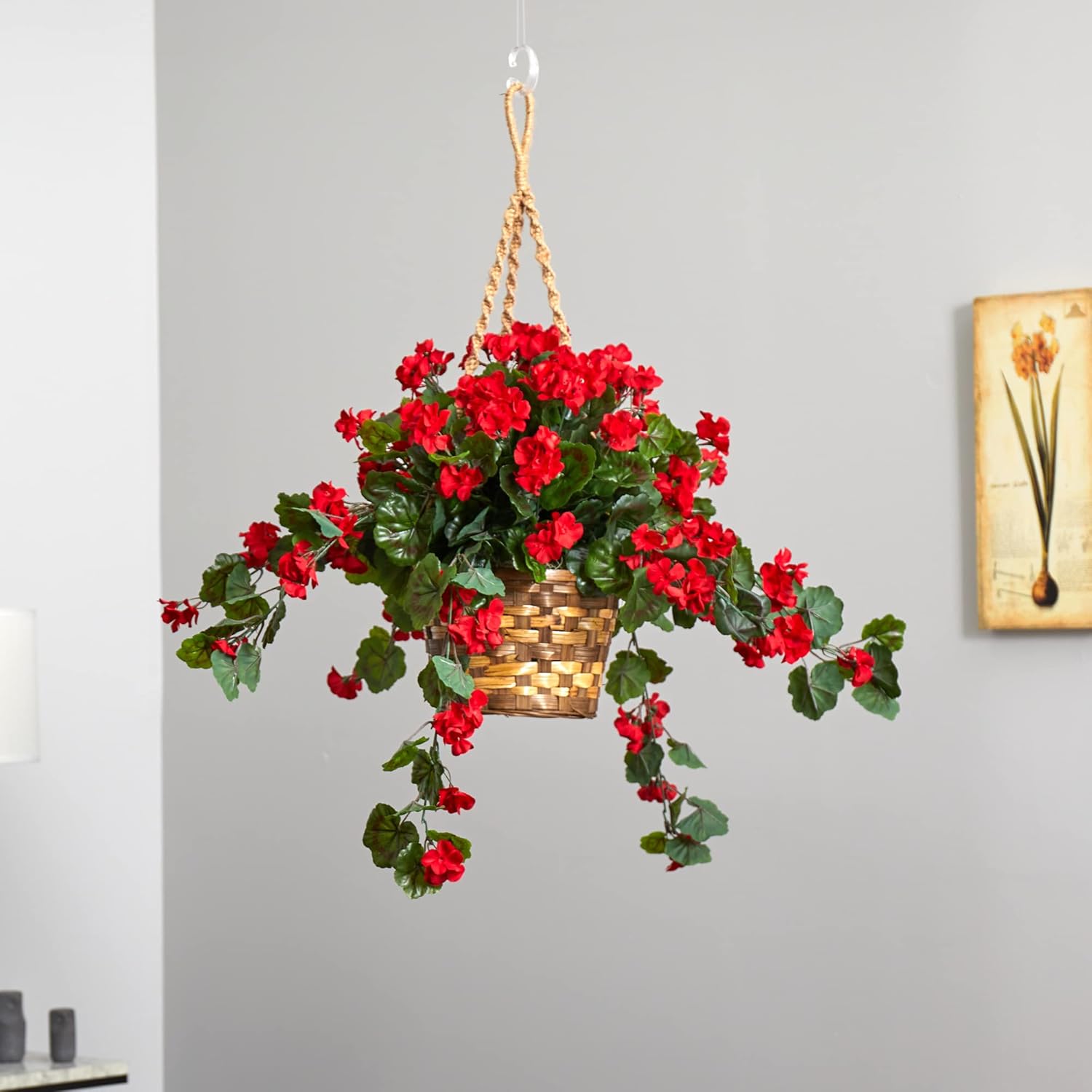 Nearly Natural Red Geranium Hanging Basket UV Resistant