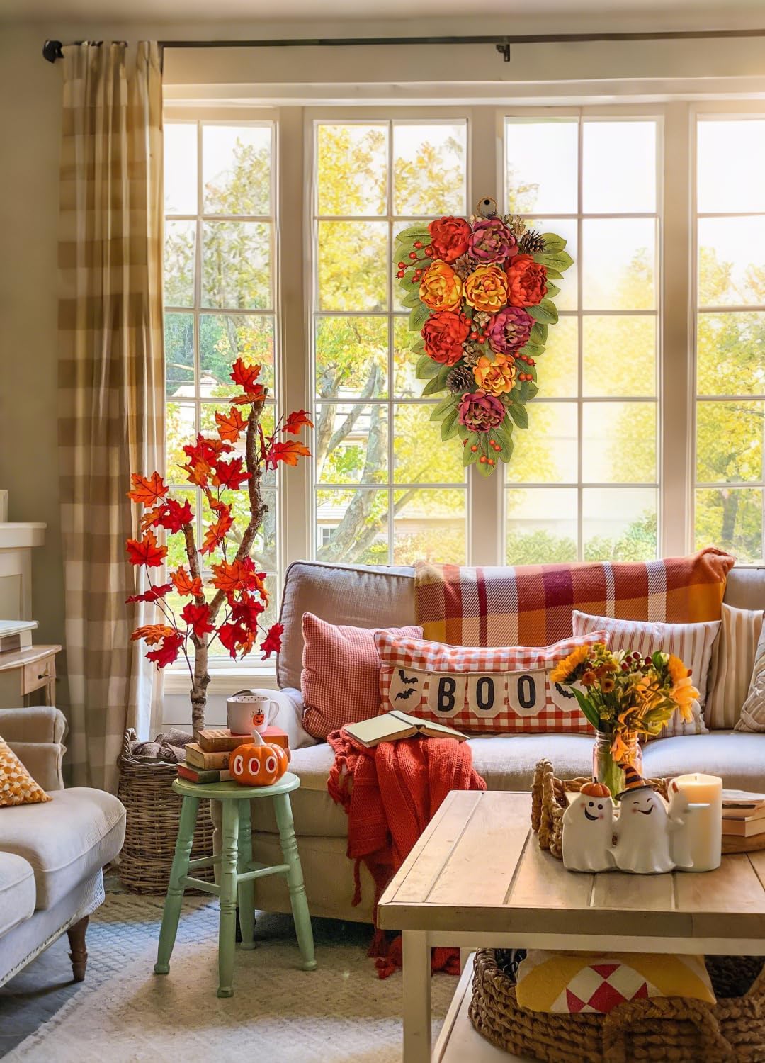 Fall Teardrop Swag with Peonies 236 Inch Artificial Hanging Decor