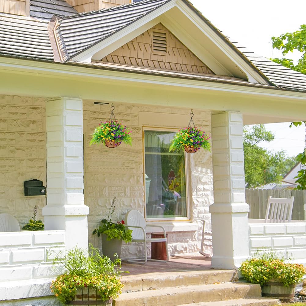 Artificial Hanging Plants with Basket for Outdoor Decor 2 Sets of 17 Inch Faux Flowers in Coconut Pot