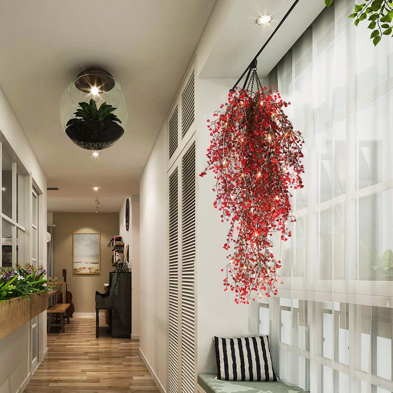 RECUTMS Artificial Hanging Fern Lighted with 30 LED Fake Ivy Vines for Home Decor Pack of 4 Red