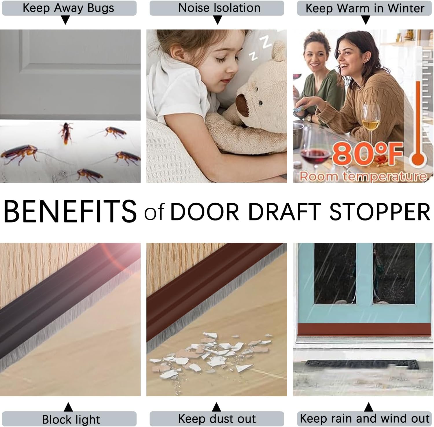 2 Pack Under Door Draft Stoppers with Brush Seal Brown