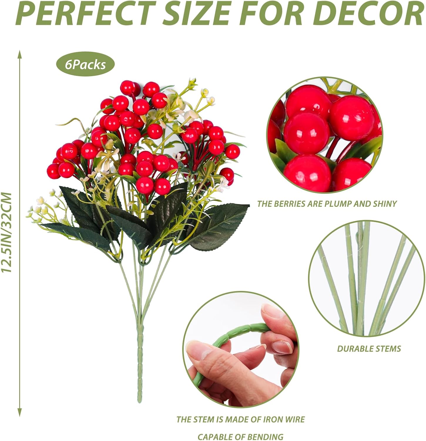 RECUTMS Artificial Christmas Berry Branches 6 Pcs for Decor