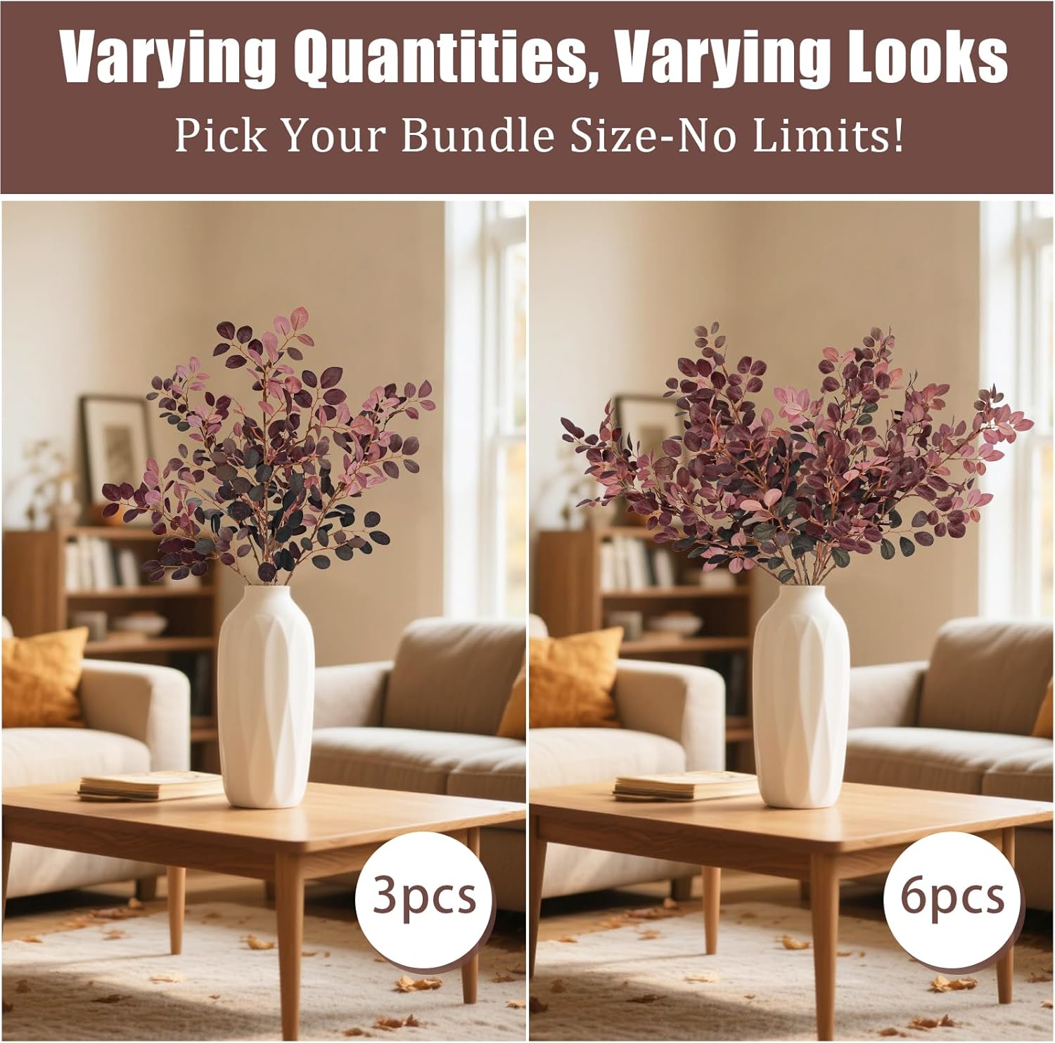 Fall Stems for Vases - Artificial Eucalyptus 3pcs 28 Inch Burgundy