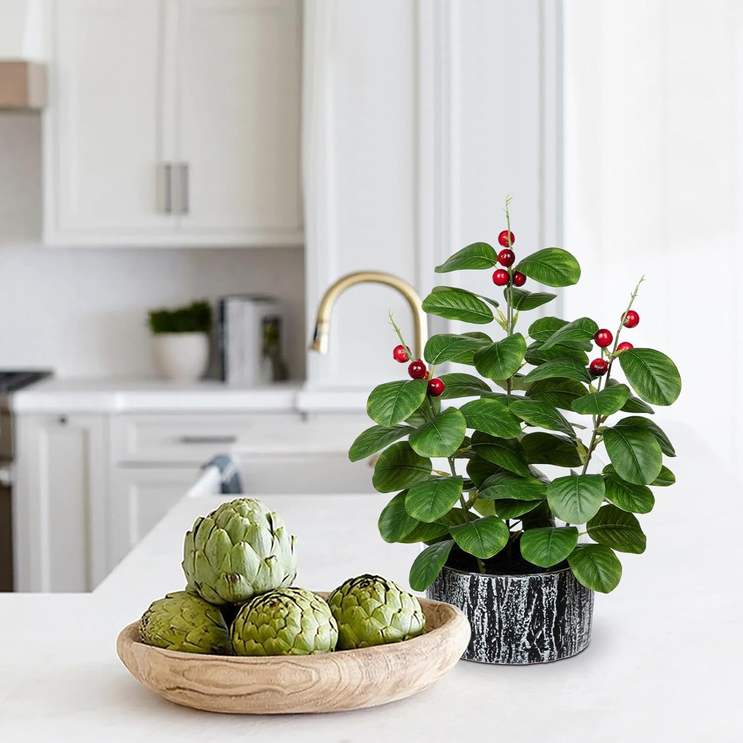 Artificial Ficus Plant with Red Seeds Rustic Black Ceramic Pot 14 Inch