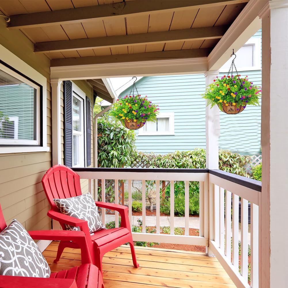 Artificial Hanging Plants with Basket for Outdoor Decor 2 Sets of 17 Inch Faux Flowers in Coconut Pot