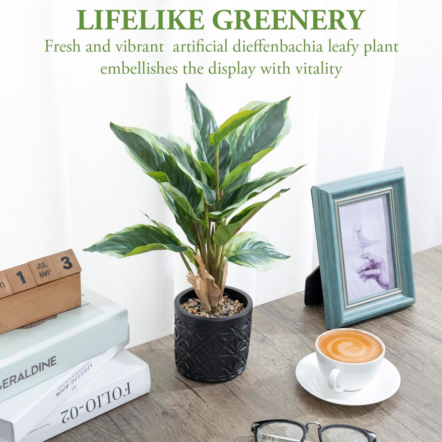 MyGift Artificial Dieffenbachia Plant in Black Concrete Pot with Geometric Design