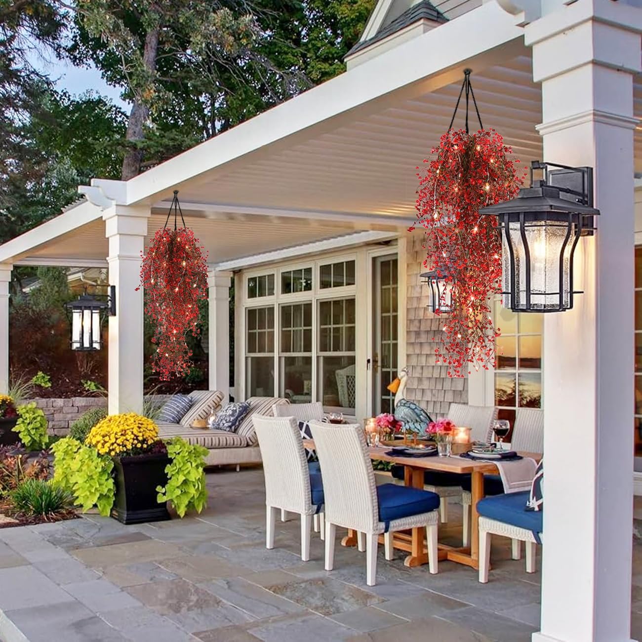 RECUTMS Artificial Hanging Fern Lighted with 30 LED Fake Ivy Vines for Home Decor Pack of 4 Red