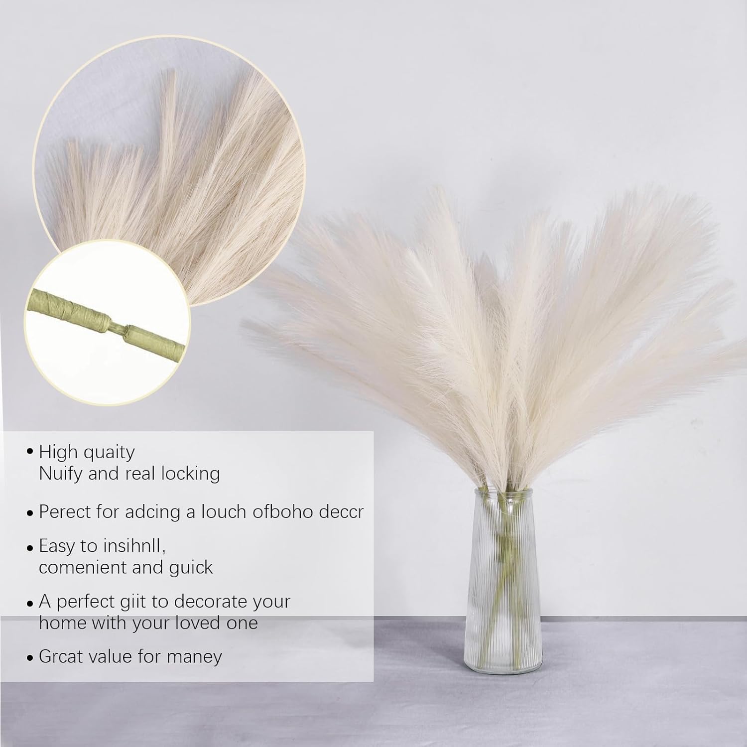 Vijiv Eco-Friendly Beige Artificial Pampas Grass Bundle 6 Stems 18