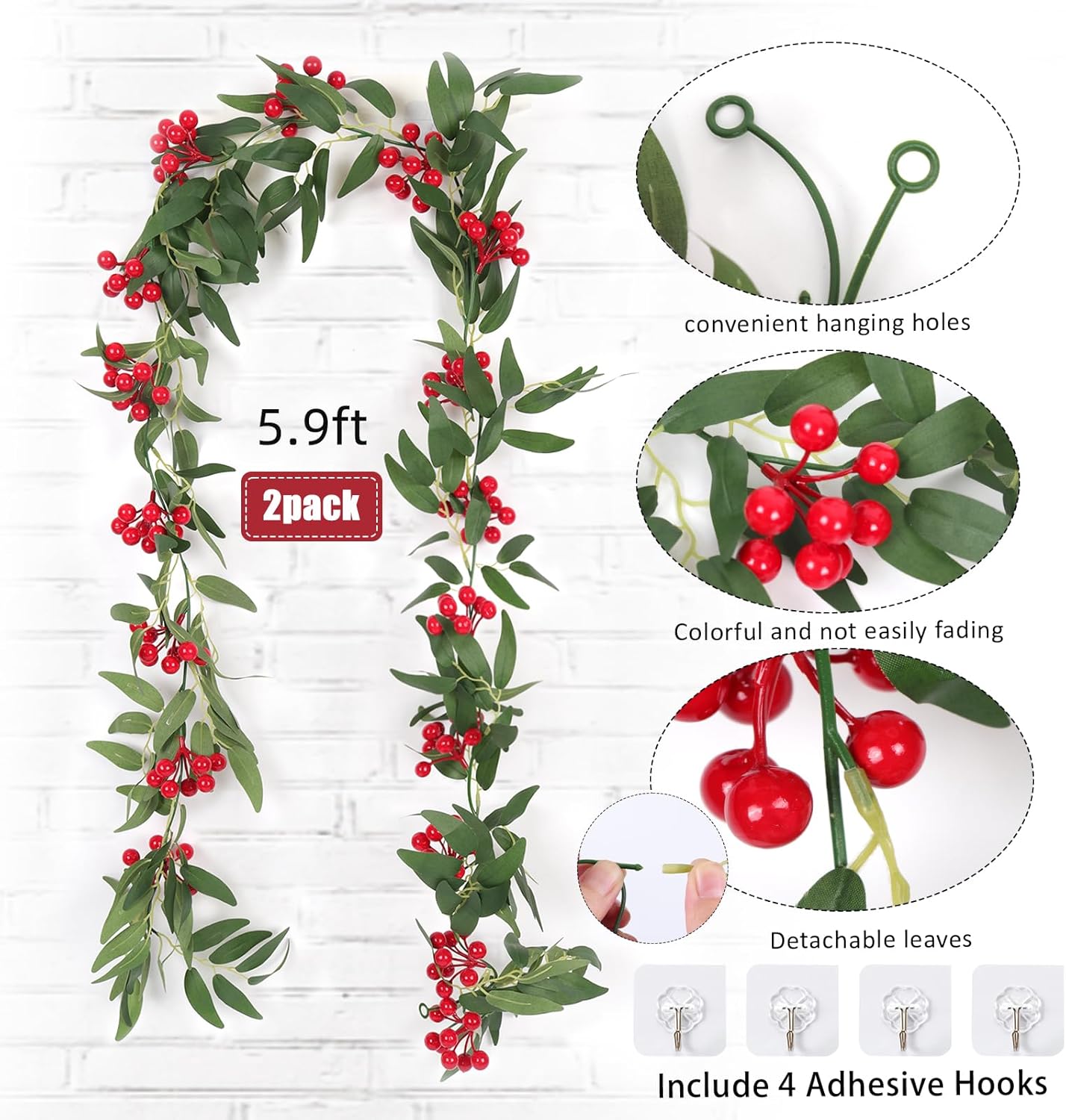 Artificial Hanging Willow Vines with Red Berries Christmas Garland 2Pcs