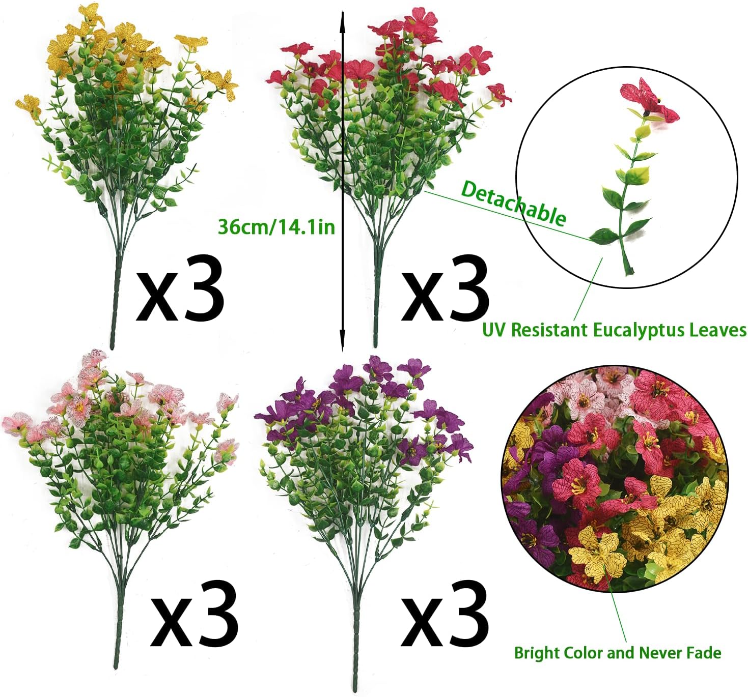 Vopie Artificial Flowers 12 Bundle UV Resistant Fake Silk Plants