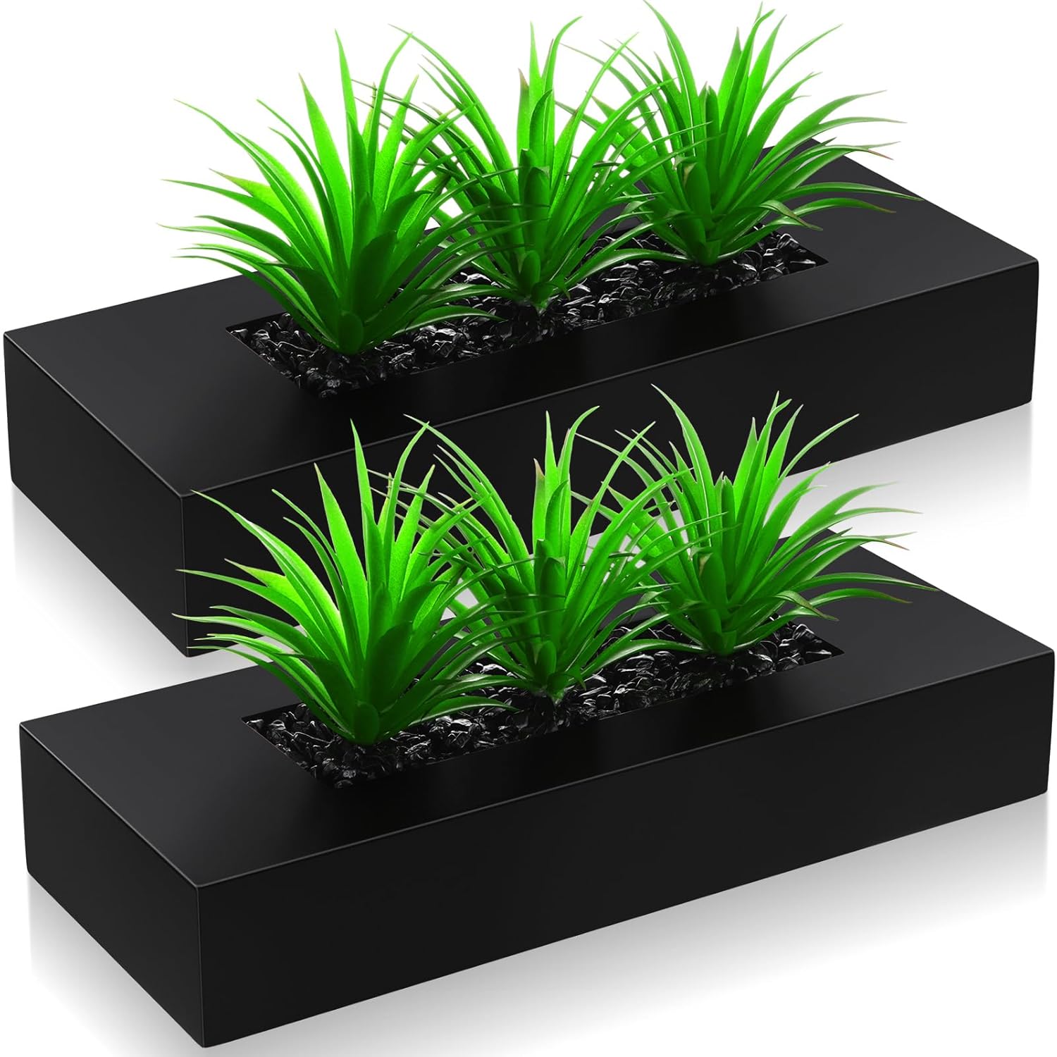 Hotop 2 Pcs Artificial Green Grass Plants in Black Wooden Rectangle Planter Pots