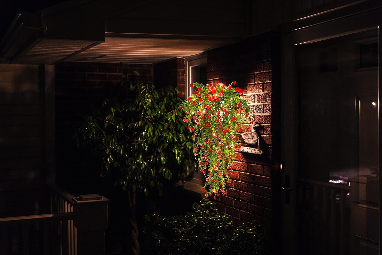 3 Pack Fake Hanging Plants with LED Lights for Outdoor Decor Red