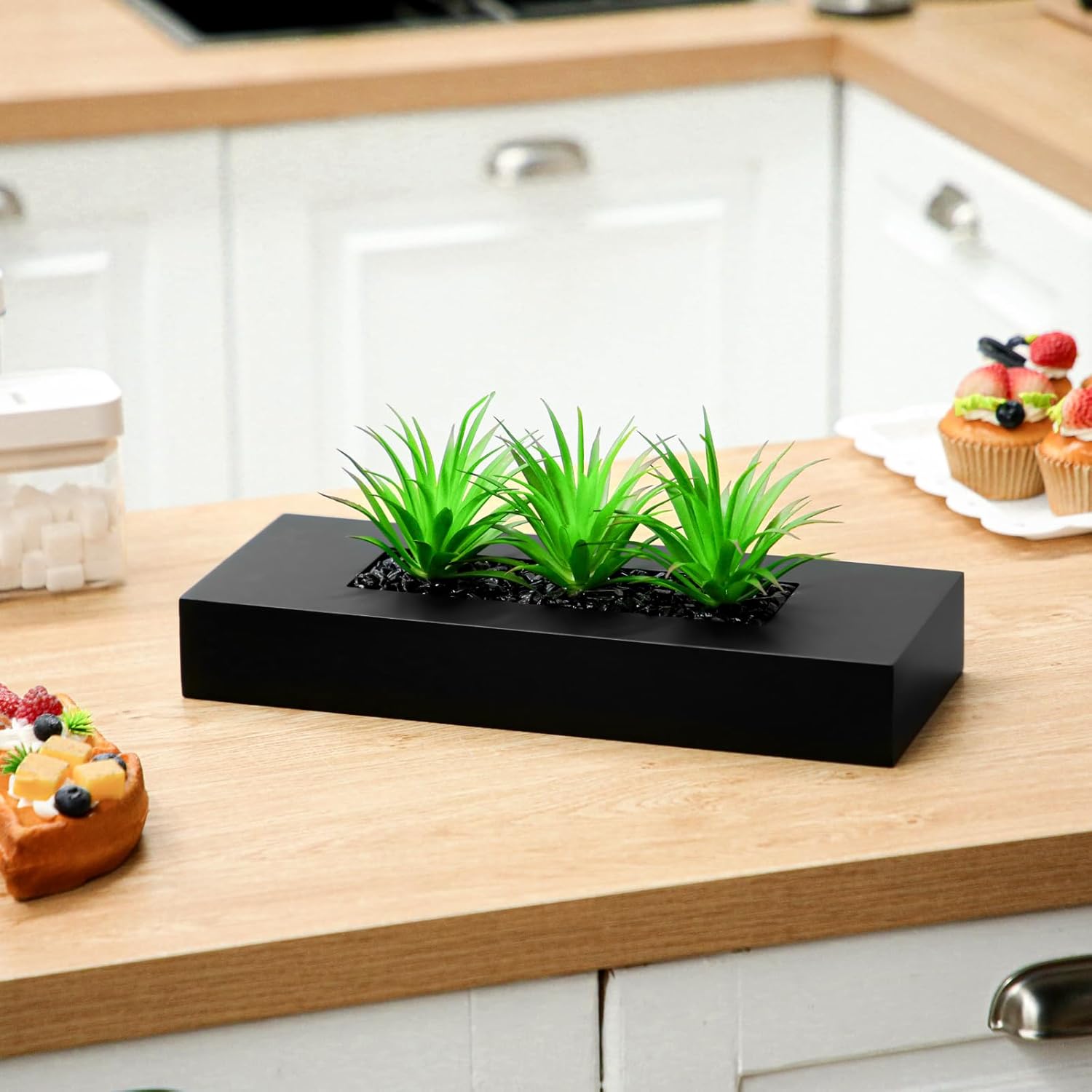 Hotop 2 Pcs Artificial Green Grass Plants in Black Wooden Rectangle Planter Pots