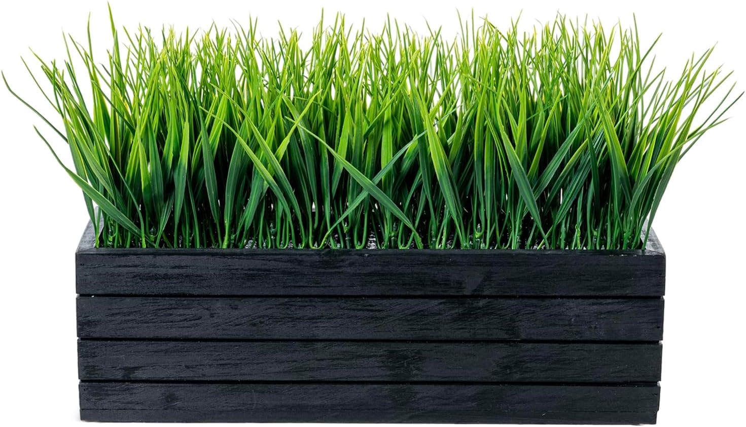 MyGift 14 Inch Artificial Grass in Vintage Black Wood Planter