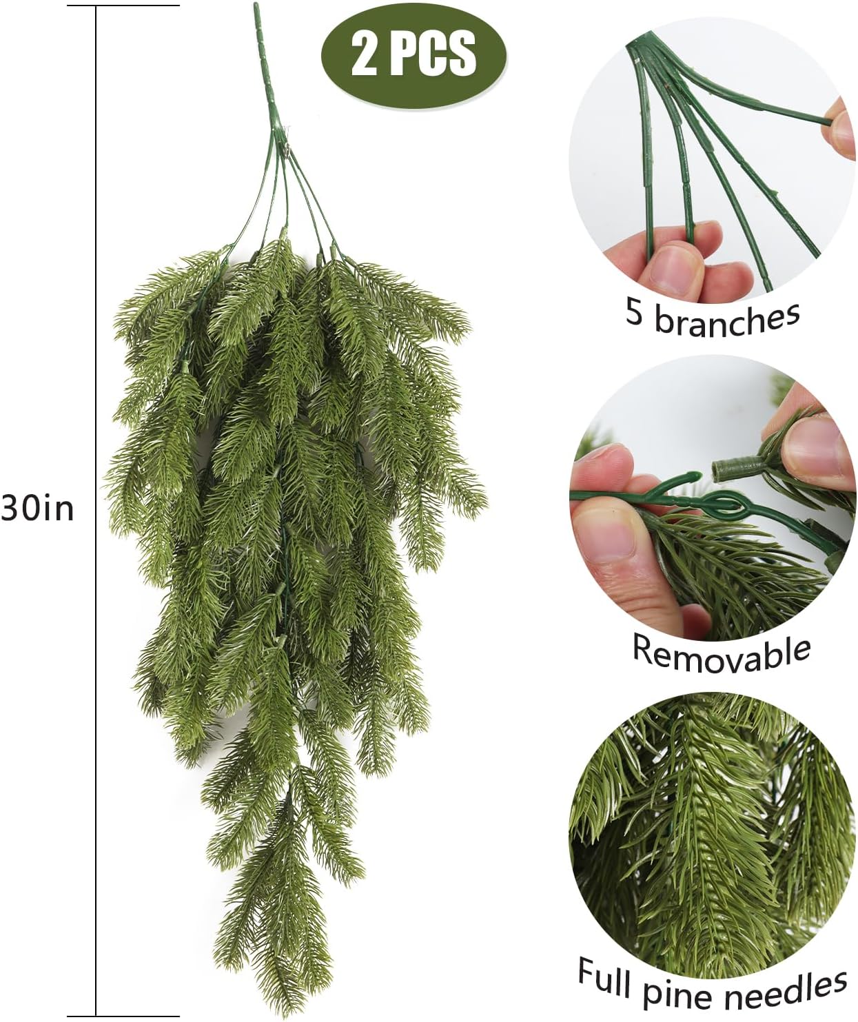 RECUTMS 2Pcs Artificial Christmas Teardrop Pine Needle Hanging Swag for Front Door Wall Home Decor