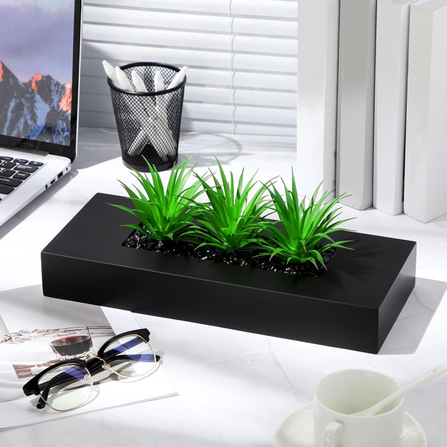 Hotop 2 Pcs Artificial Green Grass Plants in Black Wooden Rectangle Planter Pots