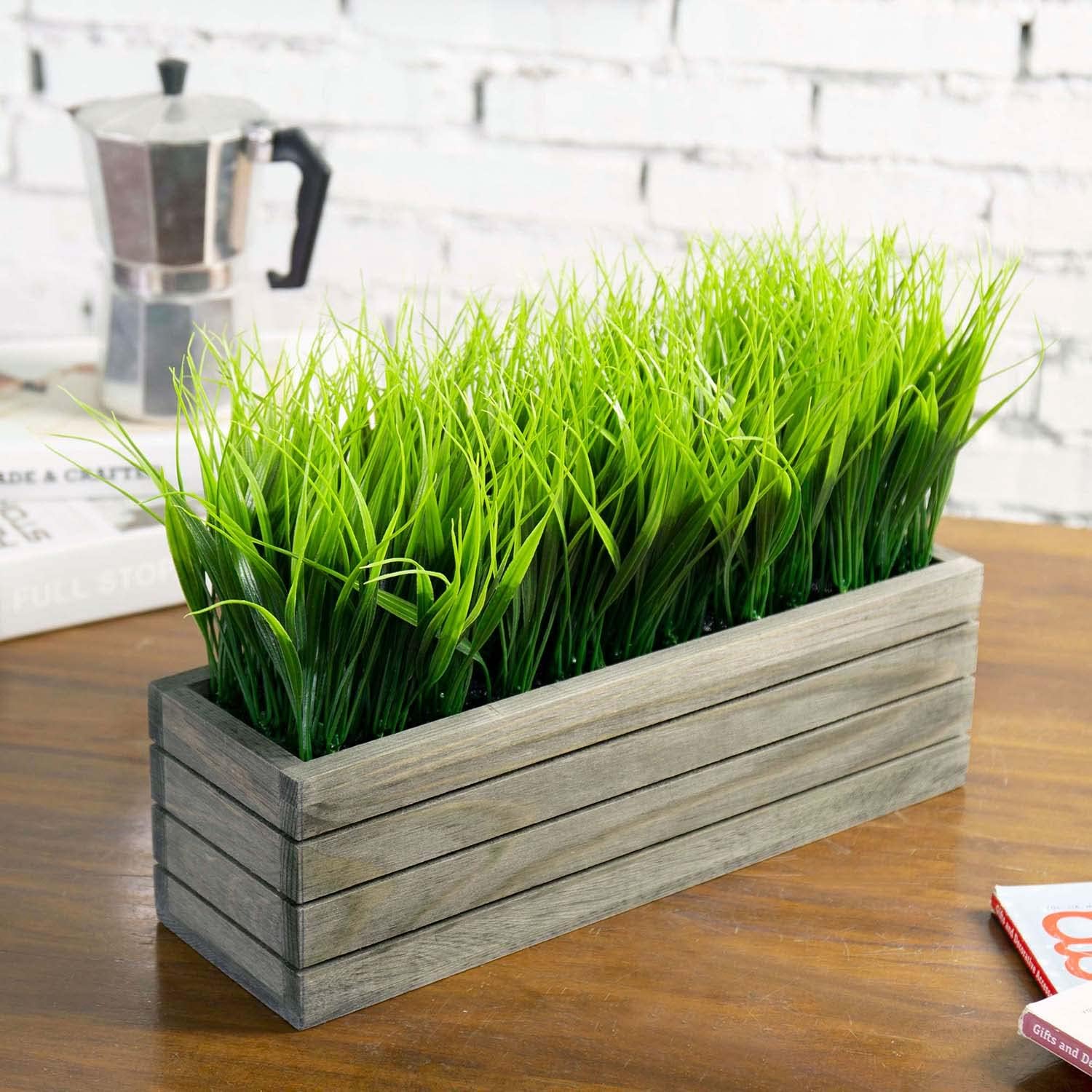 MyGift Artificial Grass in Vintage Gray Wooden Planter