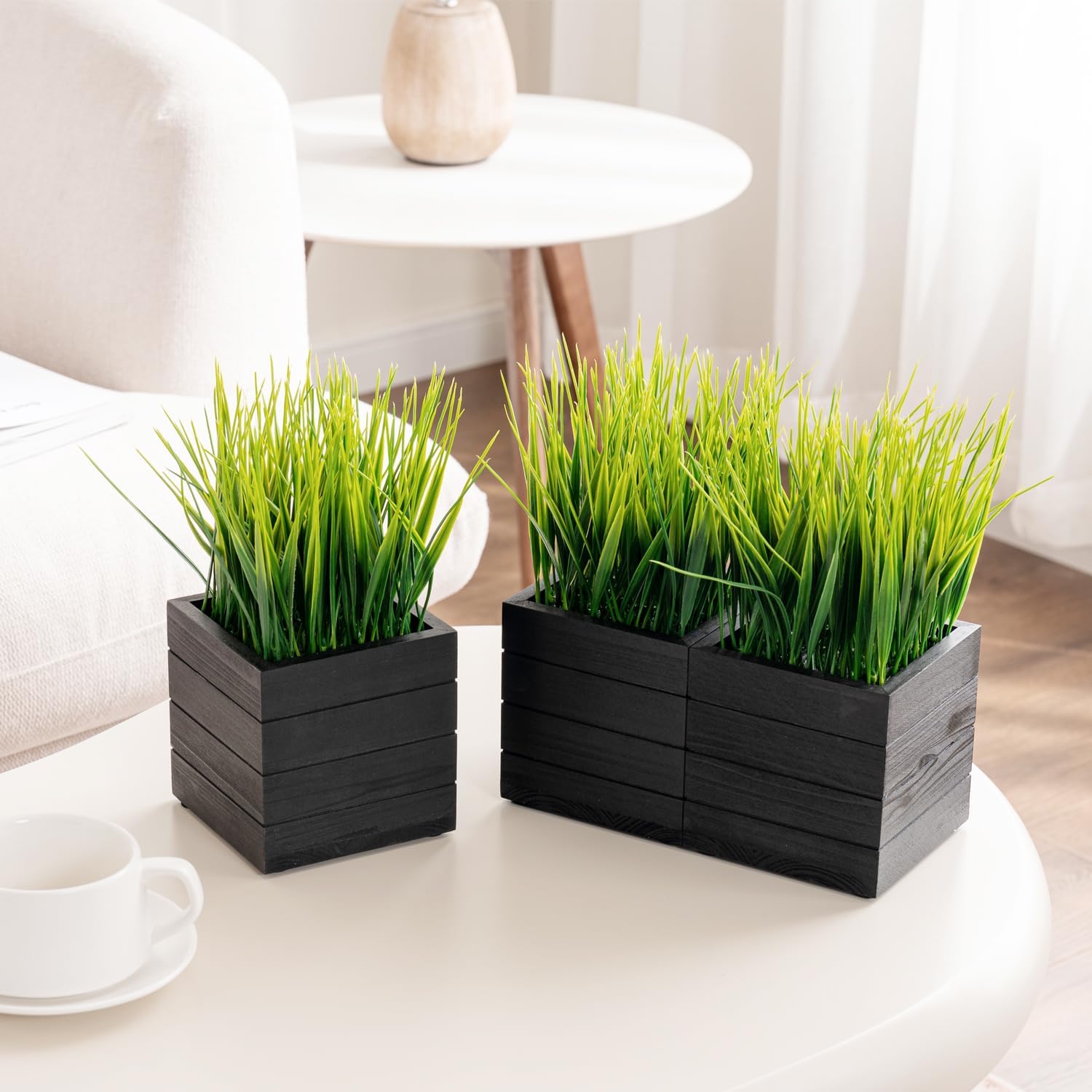MyGift Artificial Grass Plants in Vintage Black Wood 4 Inch Planter Boxes Set of 3
