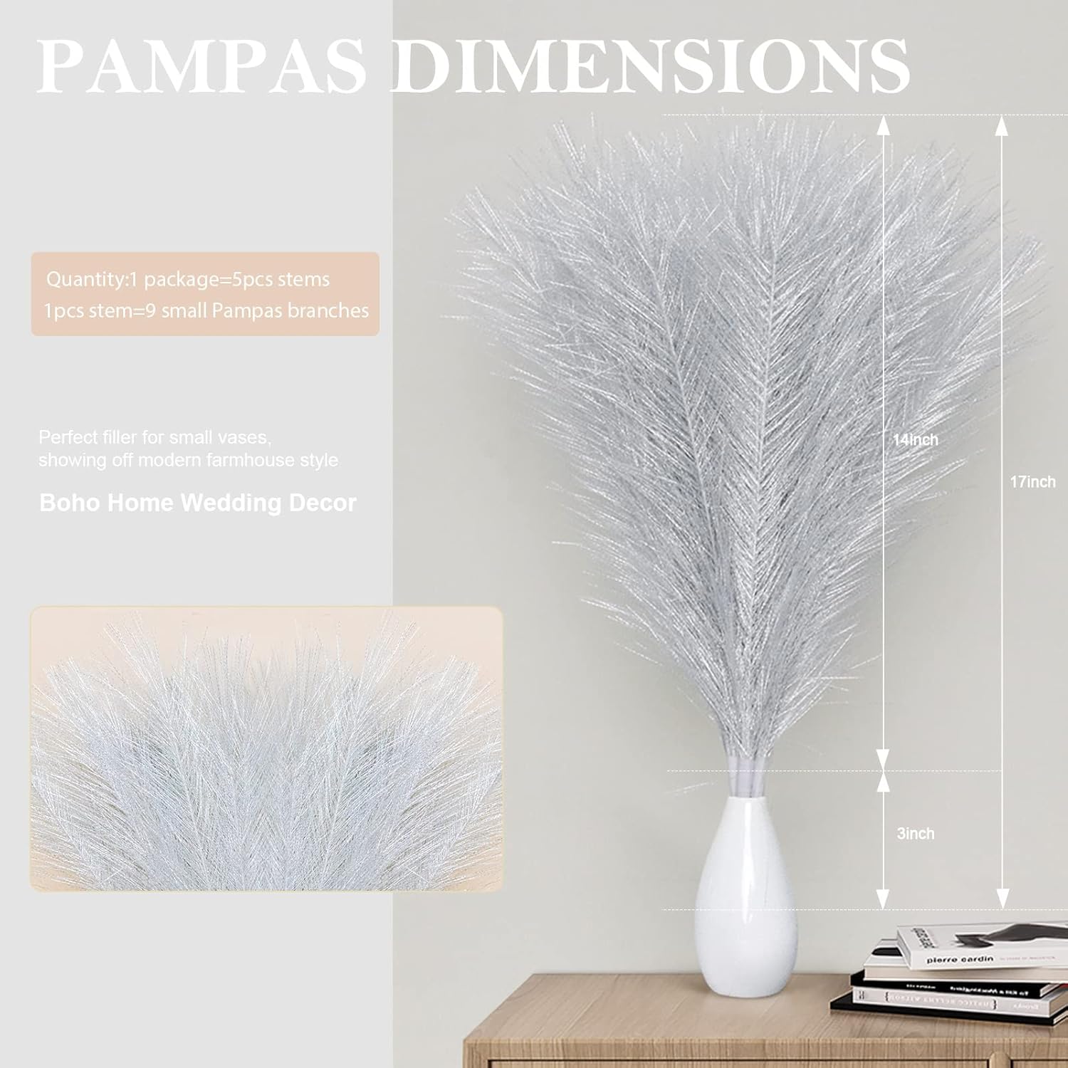 Pusuny 5PCS 18 Inch Silver Artificial Pampas Grass