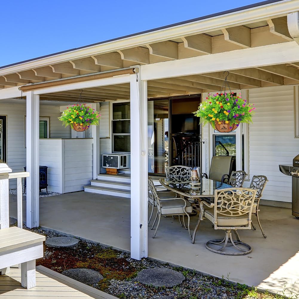 Artificial Hanging Plants with Basket for Outdoor Decor 2 Sets of 17 Inch Faux Flowers in Coconut Pot