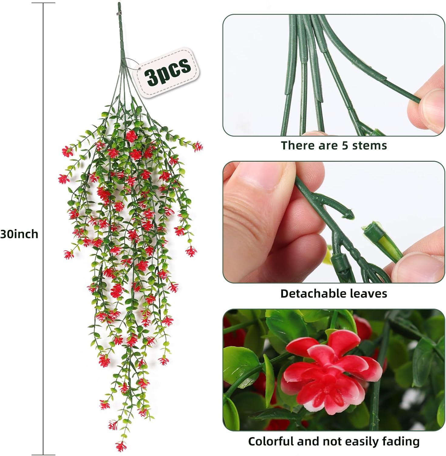 RECUTMS Artificial Hanging Plants Set of 3 Red