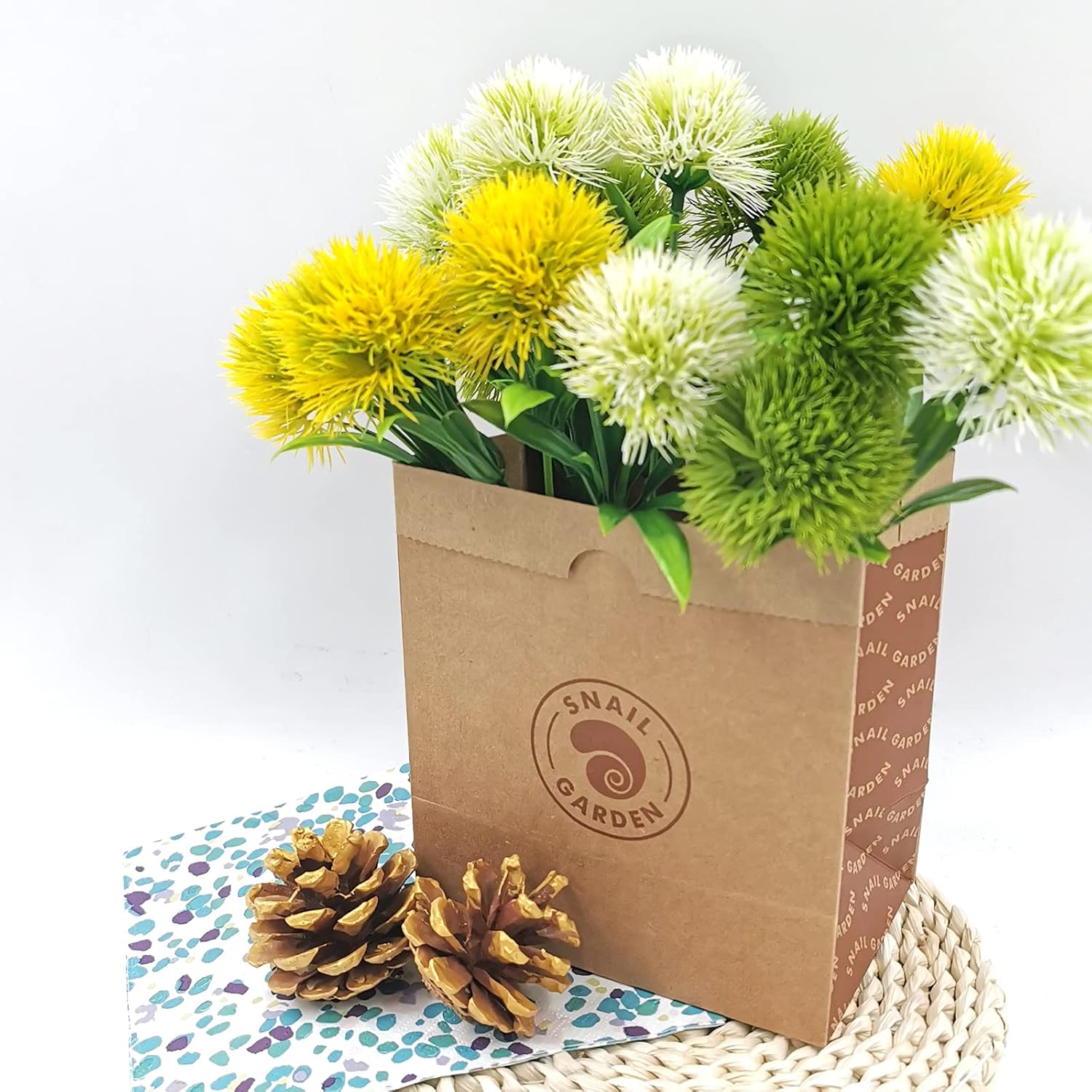 SNAIL GARDEN 15Pcs Artificial Dandelion Bouquet with Vase Kraft Bag