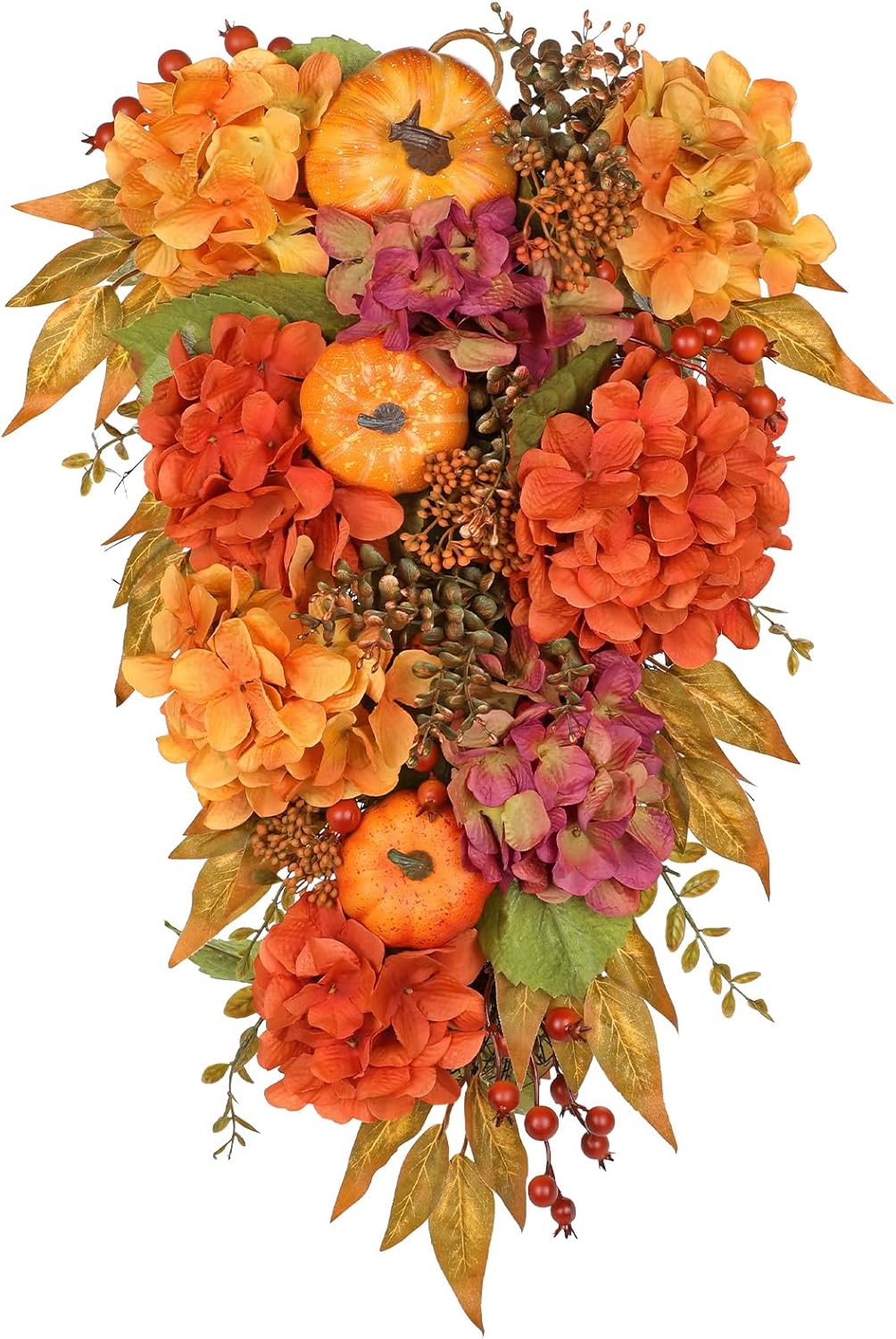 Artificial Teardrop Swag with Fake Hydrangeas and Pumpkins Fall Decor