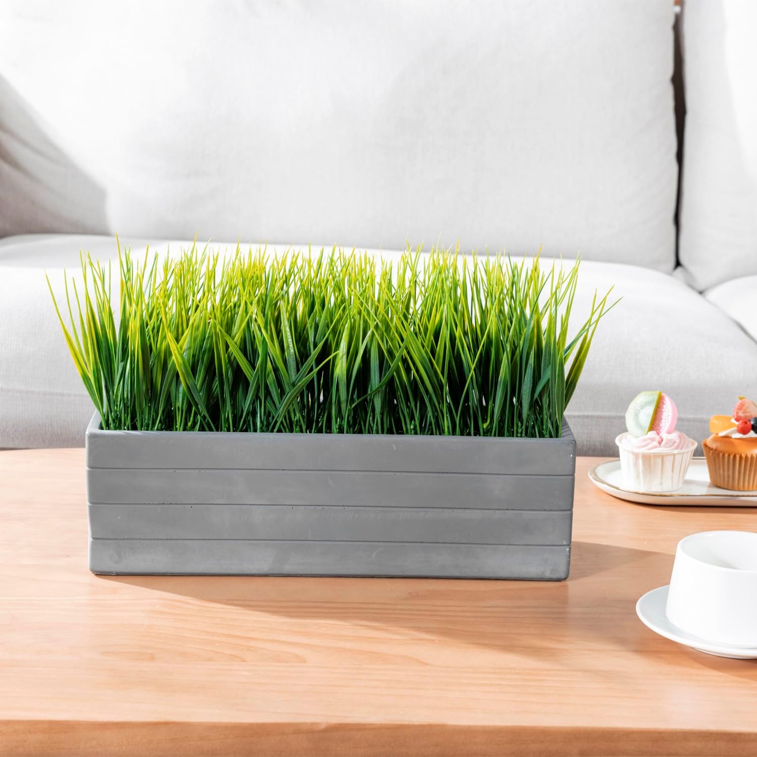 MyGift 14 Inch Artificial Grass Plant in Gray Concrete Planter