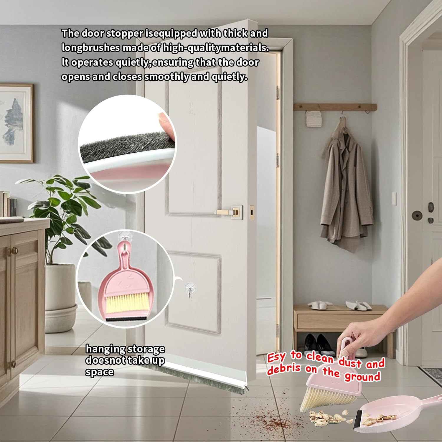 OHLLWERD Door Sweep Set 2 Pcs Under Door Draft Stopper with Brush Seals and Dust Pan