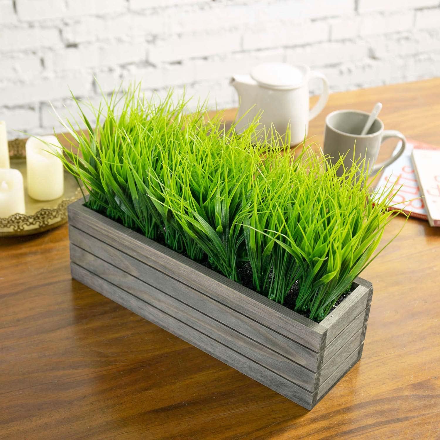 MyGift Artificial Grass in Vintage Gray Wooden Planter