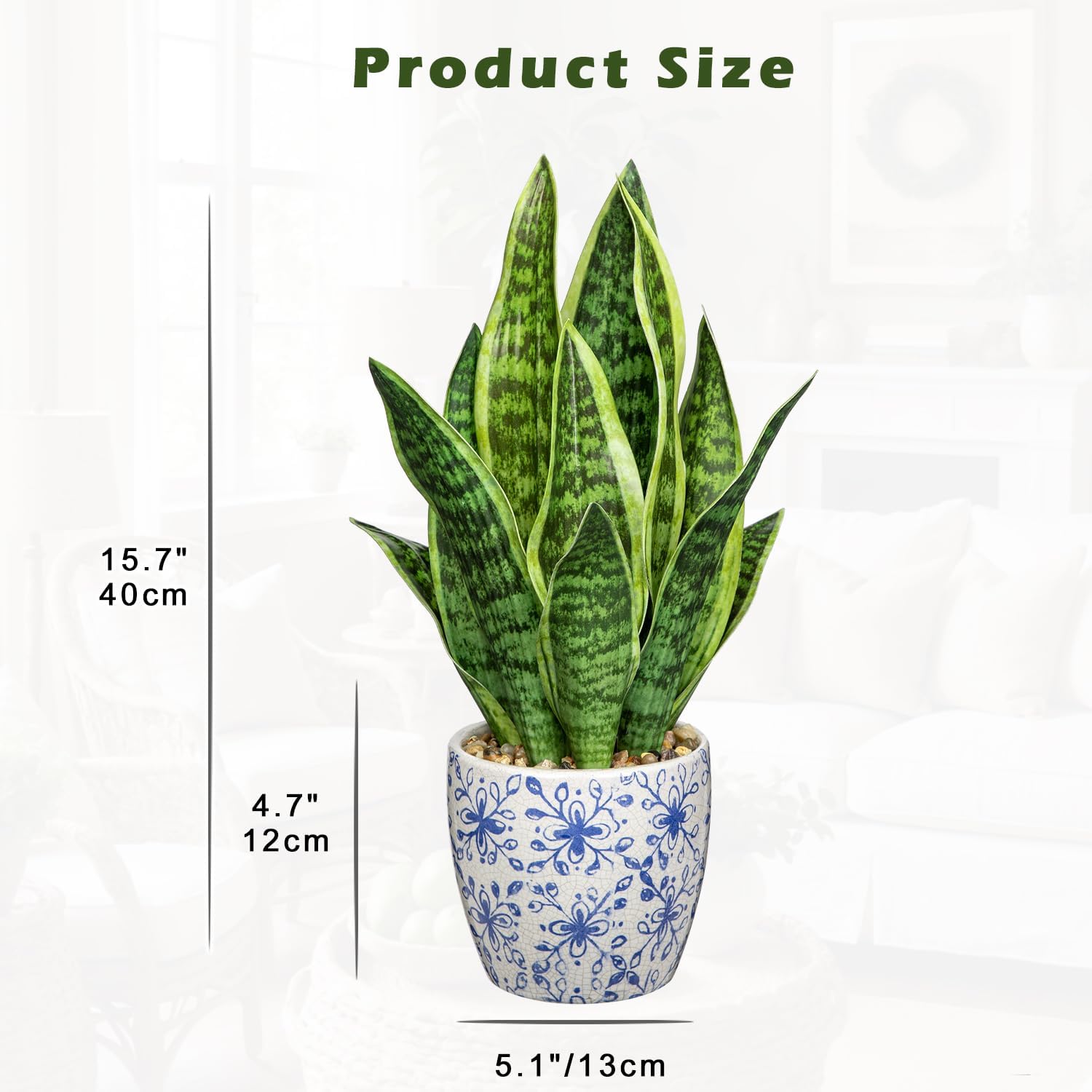 Hollyone Artificial Snake Plant with Blue Porcelain Pot