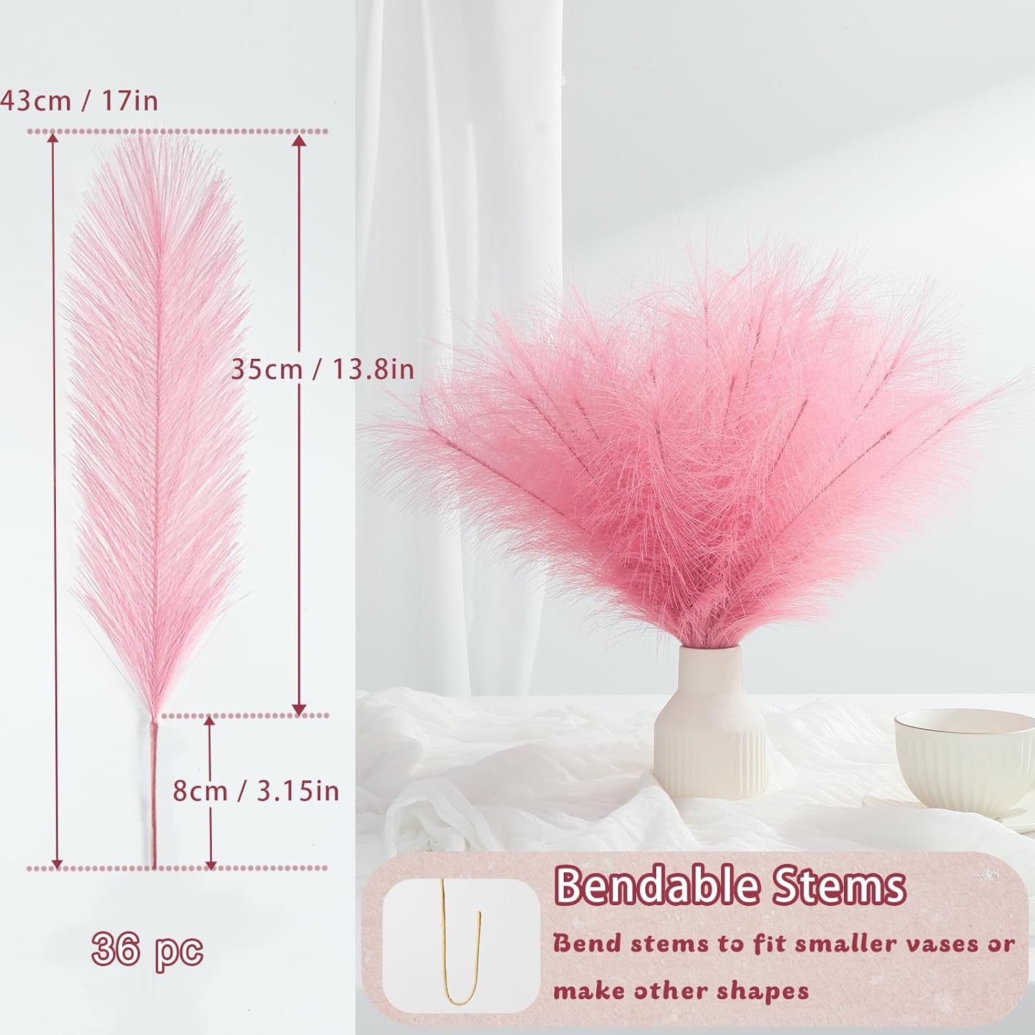 U-LIAN 36PCS Pink Artificial Pampas Grass Decor