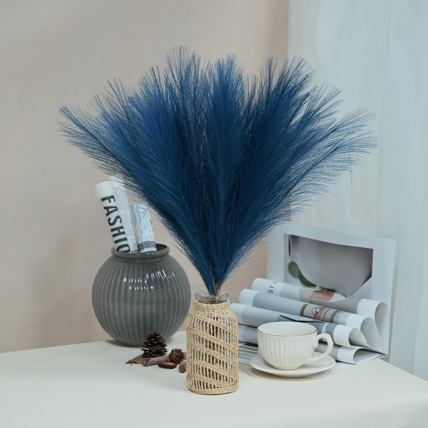 U-LIAN 12PCS Blue Faux Pampas Grass 24 Inch Decor