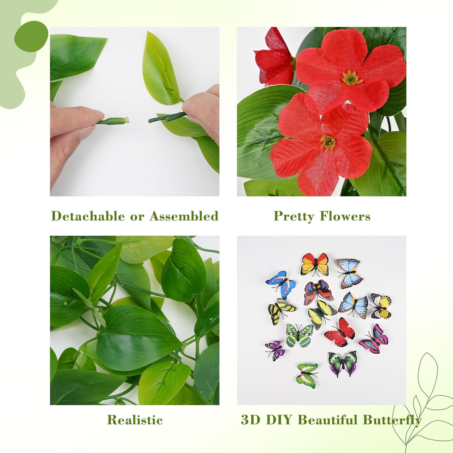 BLEUM CADE 2pcs Fake Hanging Pothos Vines with Red Flowers for Wall Decor