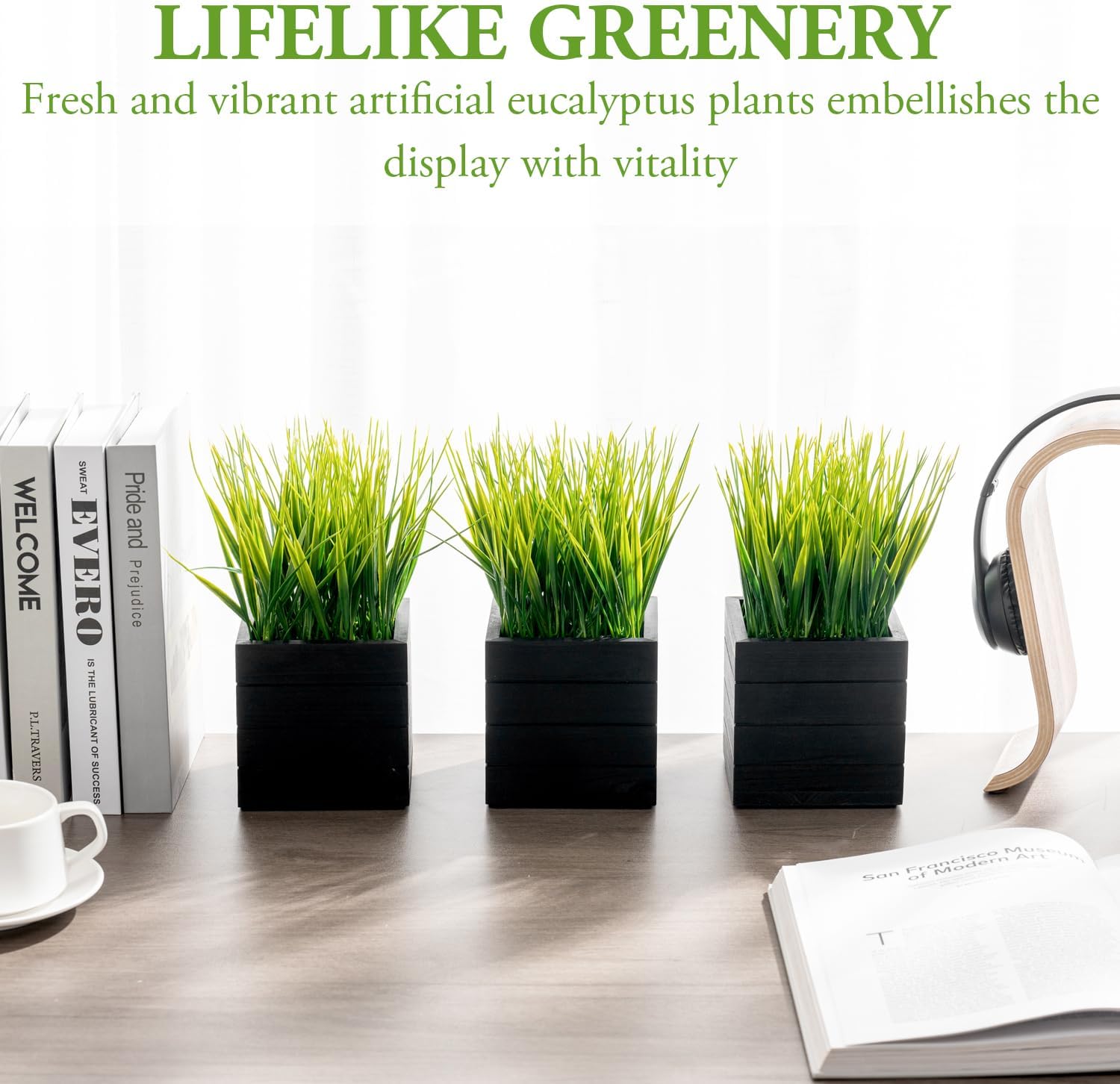 MyGift Artificial Grass Plants in Vintage Black Wood 4 Inch Planter Boxes Set of 3