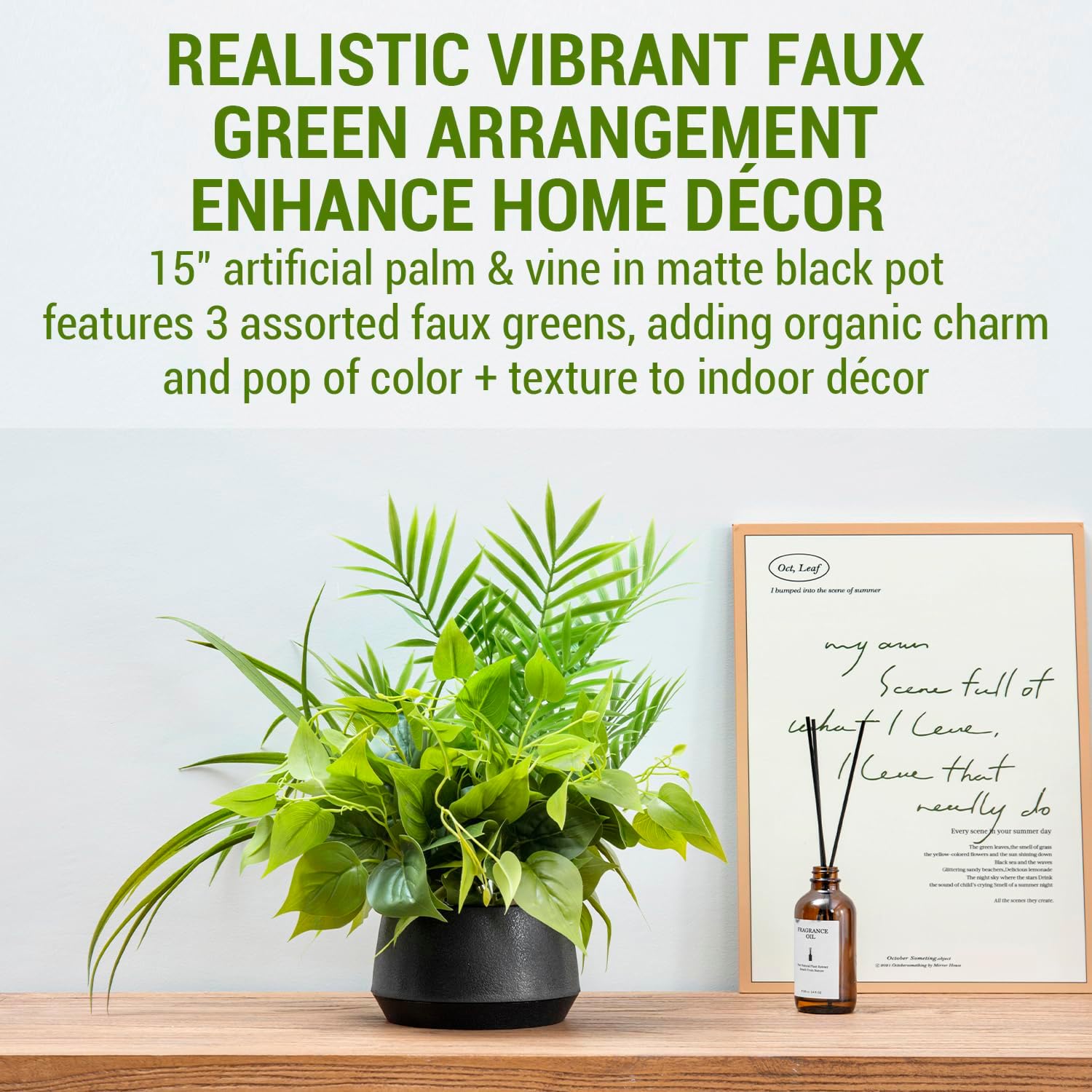 MyGift 15 Inch Artificial Palm and Vine Decor in Black Concrete Pot