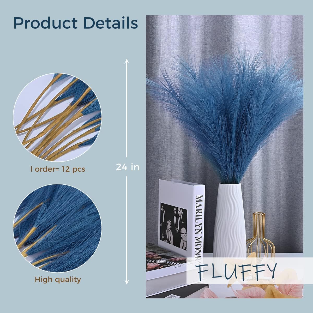 U-LIAN 12PCS Blue Faux Pampas Grass 24 Inch Decor