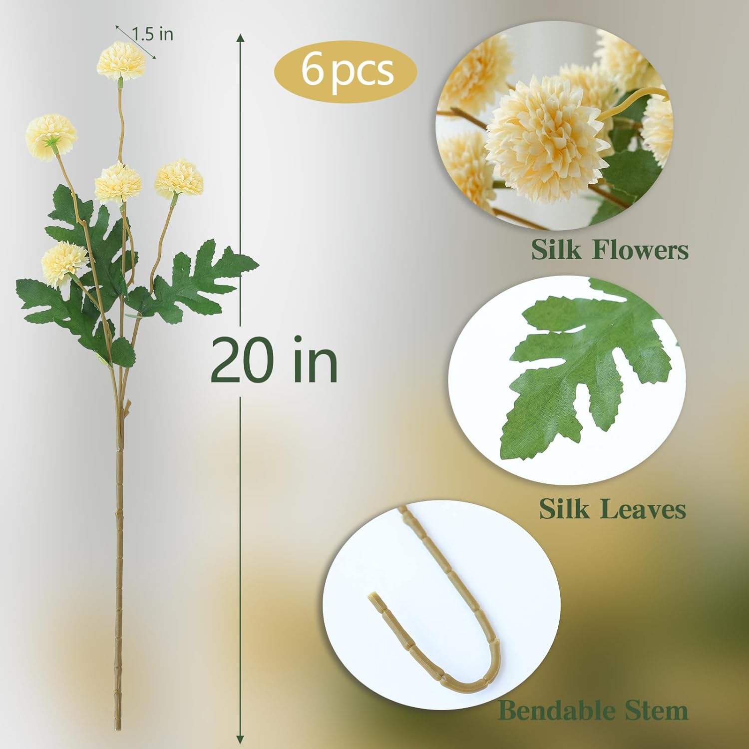 Mizii 6Pcs Yellow Artificial Chrysanthemums with Stems