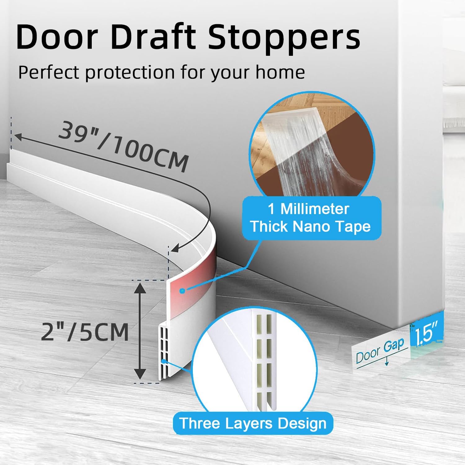 2 pcs Door Draft Stoppers for Bottom of Door Soundproof Door Sealer with Weather Stripping Insulation